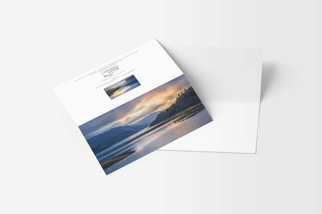 A DL sized greeting card featuring the view of Loch Sunart from the Post Office in Strontian on a December afternoon, just as the clouds broke to let through some light and colour from the low winter sun. An ideal souvenir of Sunart and Ardnamurchan on the West Highland Peninsulas, Scotland.