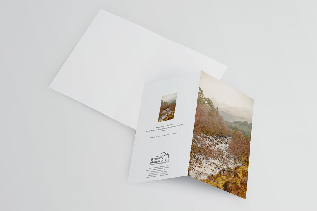 An A6 greeting card featuring the view up Strontian River in late winter with a mist shrouded Sgùrr Dhòmhnuill in the distance | Sunart Scotland