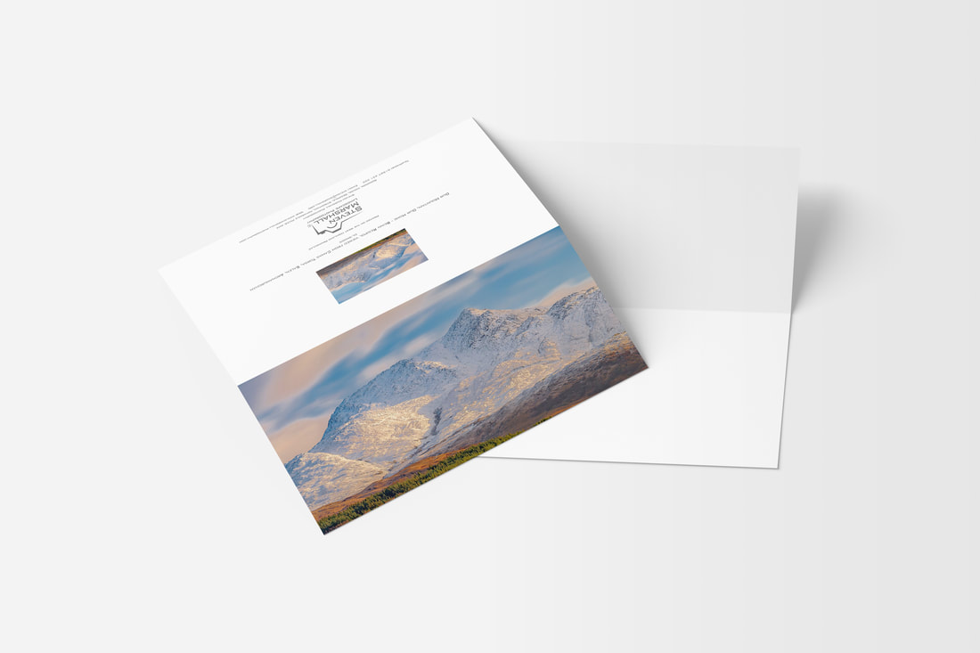 A DL sized greeting card featuring Ben Resipole under a fresh fall of early winter snow and the first light of the day | Ardnamurchan Scotland