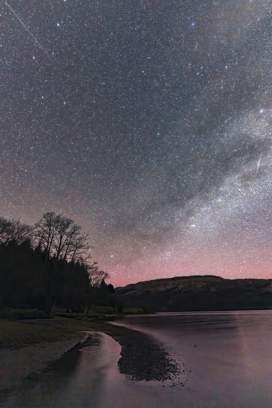 Pink aurora, shooting stars and the Milky Way above Loch Arienas, Morvern, Scotland | Steven Marshall Photography