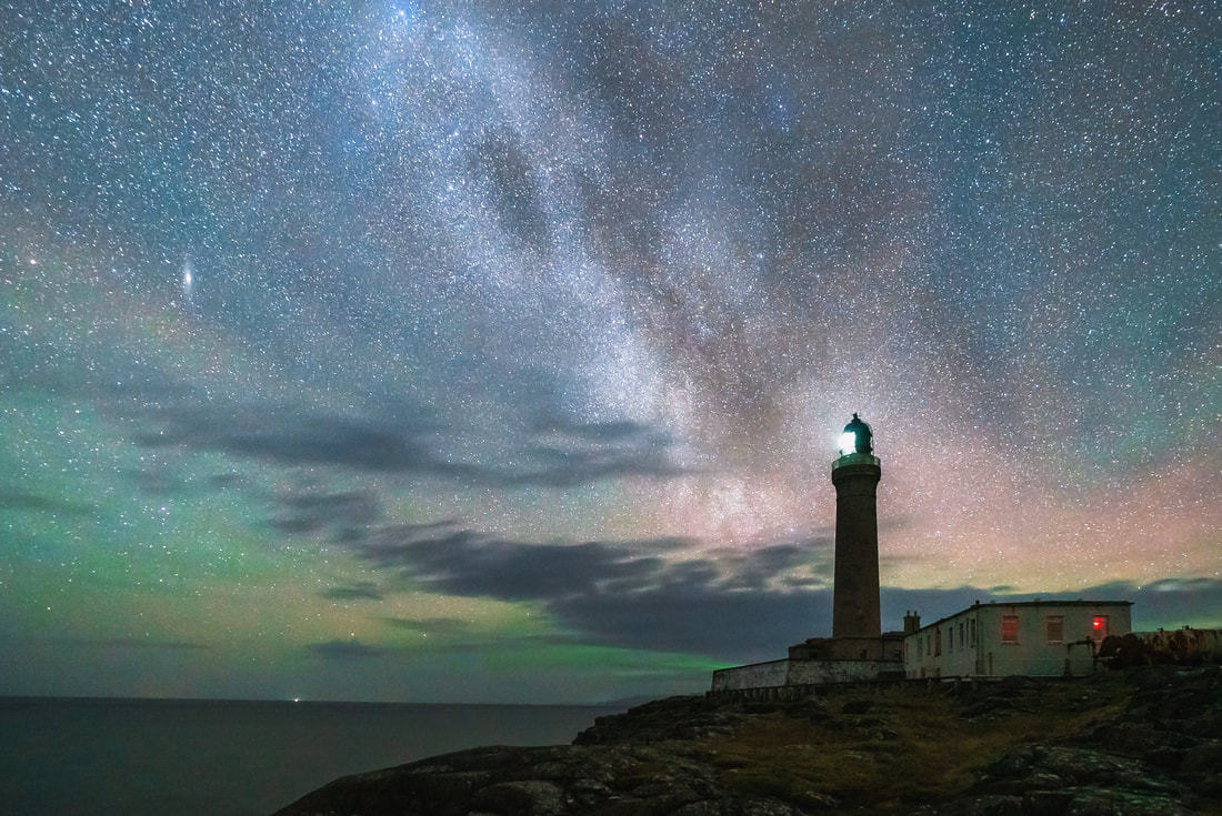 Ardnamurchan lighthouse under the Milky Way with the white light from Hyskeir Lighthouse on the distant horizon | Ardnamurchan Scotland