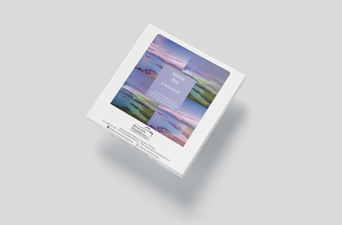 100mm square notelets featuring an image of Sanna Bay photographed at sunset and an image of it photographed at night with the northern lights in the distance | Ardnamurchan Scotland | Steven Marshall Photography