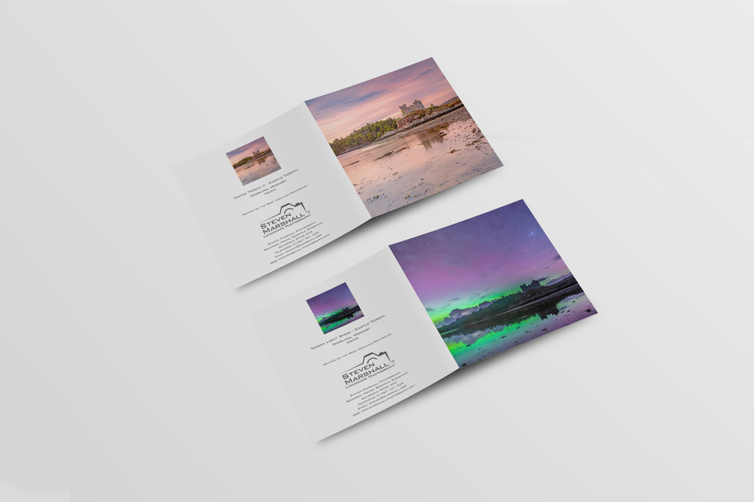 100mm square notelets featuring an image of Castle Tioram photographed at sunset and an image of it photographed at night under the northern lights | Moidart Scotland | Steven Marshall Photography