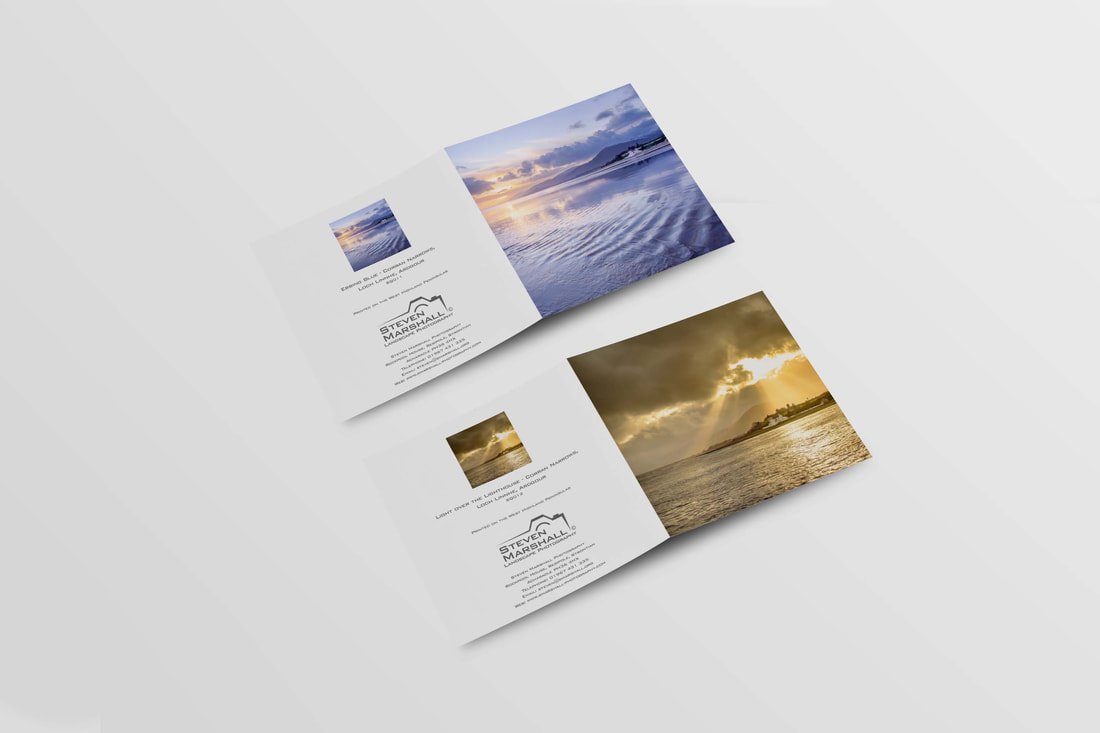 100mm square notecards featuring two images of Corran Lighthouse photographed on a west coast evening | Ardgour Scotland | Steven Marshall Photography