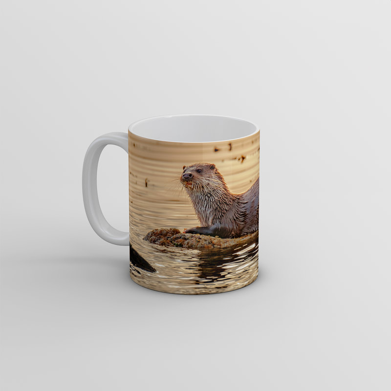 Souvenir photo mug featuring an image an otter on a rock by the shore of Loch Sunart | Sunart Scotland