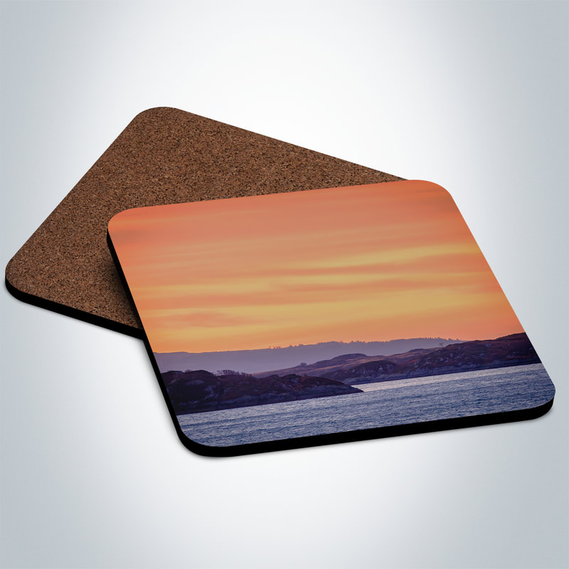 Souvenir photo coaster featuring an image of the view above Dun Ghallain in Loch Sunart to the three islands of Carna, Risga and Oronsay | Ardnamurchan Scotland