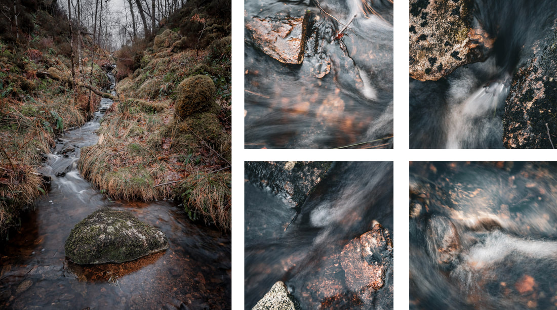 Water flowing over red tinged stones in a stream flowing through the woods at Sàilean nan Cuileag near Salen | Ardnamurchan, Scotland | Steven Marshall Photography
